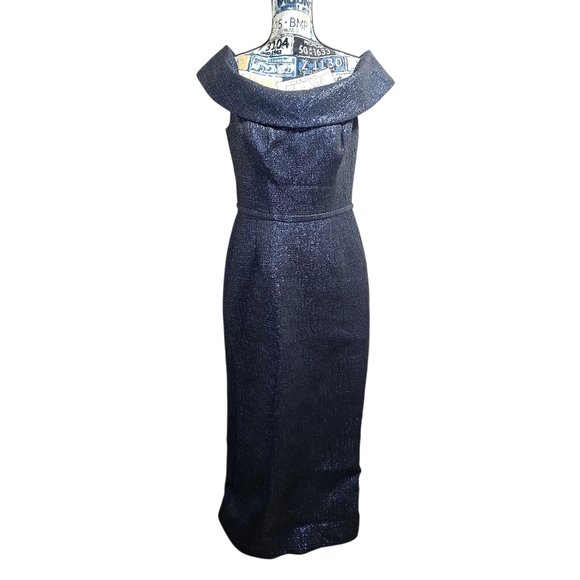 Teri Jon Sapphire Blue Jacquard Off Shoulder Column Gown - Picture 2 of 9